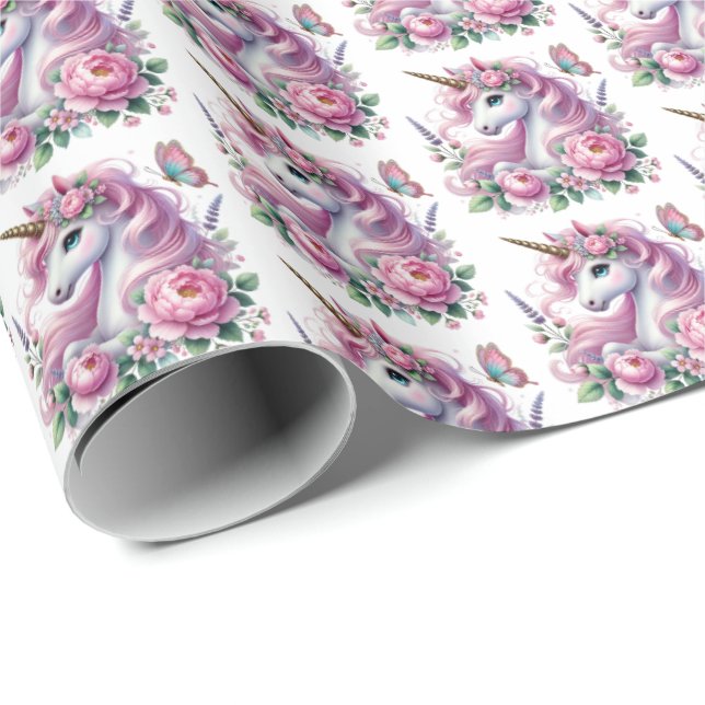 Cute tiled girls unicorn party  wrapping paper (Roll Corner)