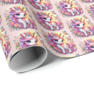 Cute tiled girls unicorn party  wrapping paper