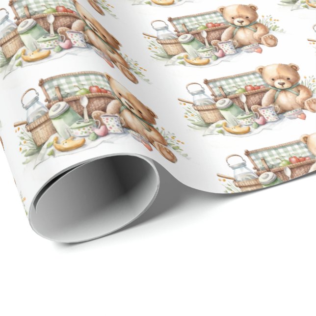Cute tiled picnic bears party  wrapping paper (Roll Corner)