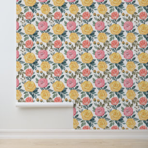 Cute tiled pink yellow roses pattern wallpaper