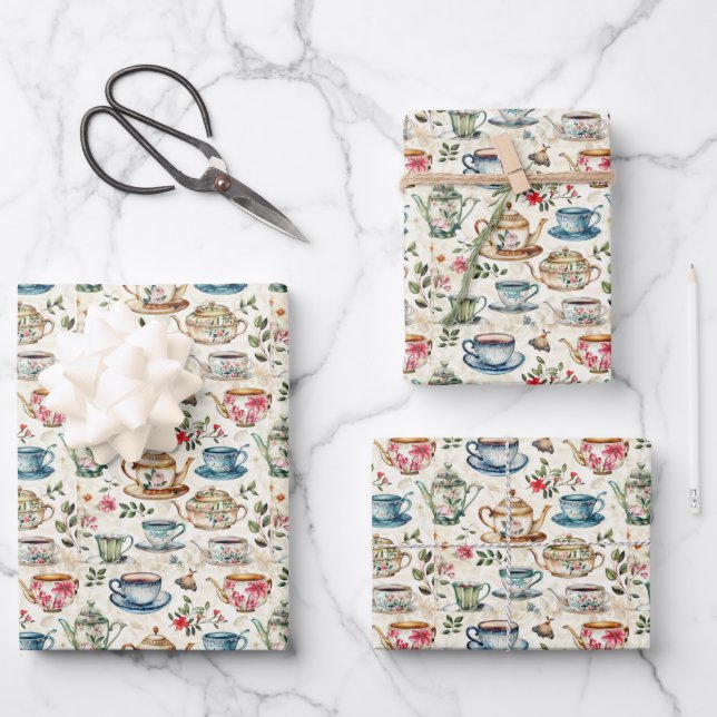 Cute tiled tea party  wrapping paper sheet (Front)