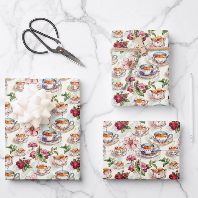 Cute tiled tea party  wrapping paper sheet (Front)