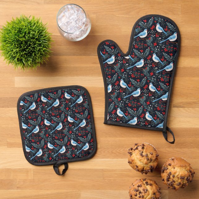 Cute tiled Winter birds  Oven Mitt & Pot Holder Set (Top Down)