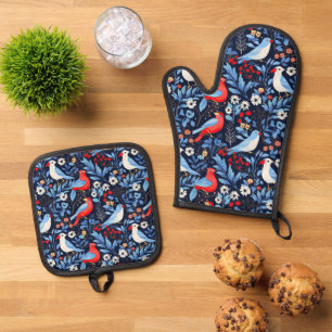 Cute tiled Winter birds  Oven Mitt & Pot Holder Set