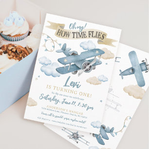 Cute Time Flies Aeroplane Boy 1st Birthday Party Invitation