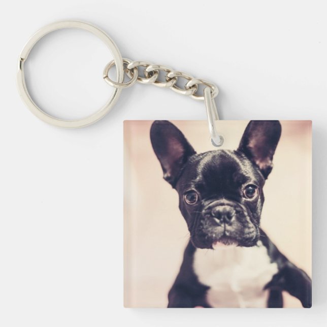 Cute Tiny Black and White Puppy Key Ring (Front)