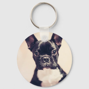 Cute Tiny Black and White Puppy Key Ring