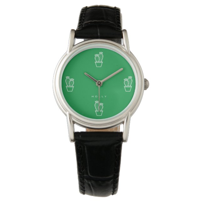 Cute Tiny Cactus Simple Plain Green Minimalist  Watch (Front)