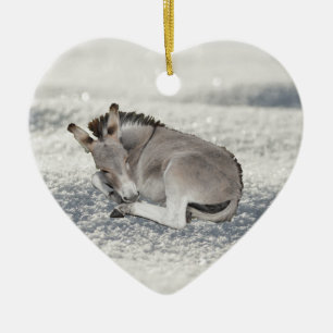Cute Tiny Donkey Foal in Snow Christmas Ceramic Ornament
