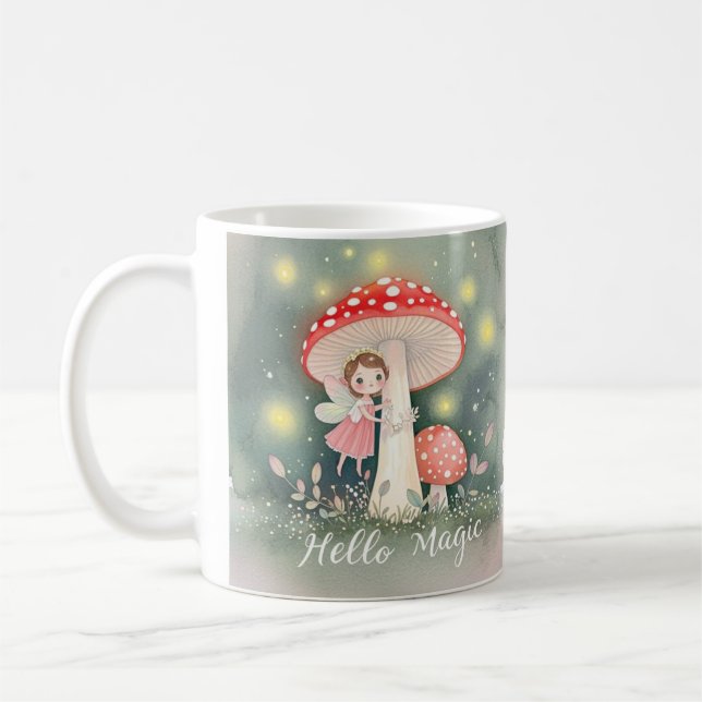 Cute Tiny fairy perched on top of mushroom Coffee Mug (Left)