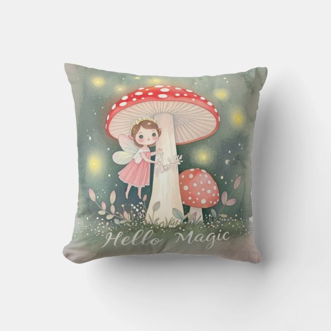 Cute Tiny fairy perched on top of mushroom Cushion (Front)
