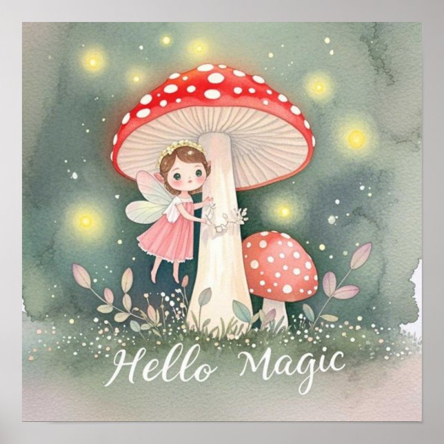 Cute Tiny fairy perched on top of mushroom Poster (Front)