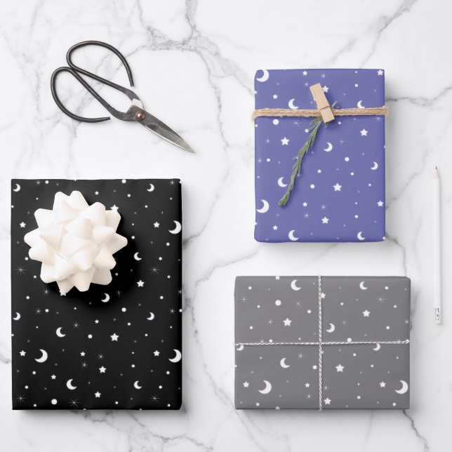 Cute Tiny Moons and Stars Wrapping Paper Sheet (Front)