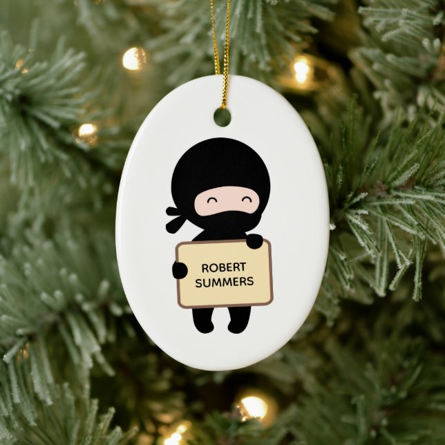 Cute Tiny Ninja Holding Sign, Custom Name Ceramic Ornament (Tree)