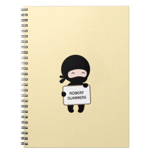 Cute Tiny Ninja Holding Sign on Yellow Custom Name Notebook