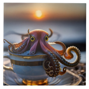  Cute tiny octopus in a teacup at sunrise Ceramic Tile