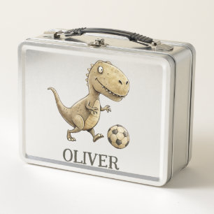 Cute Tiny Trex Playing Football Personalised Metal Lunch Box