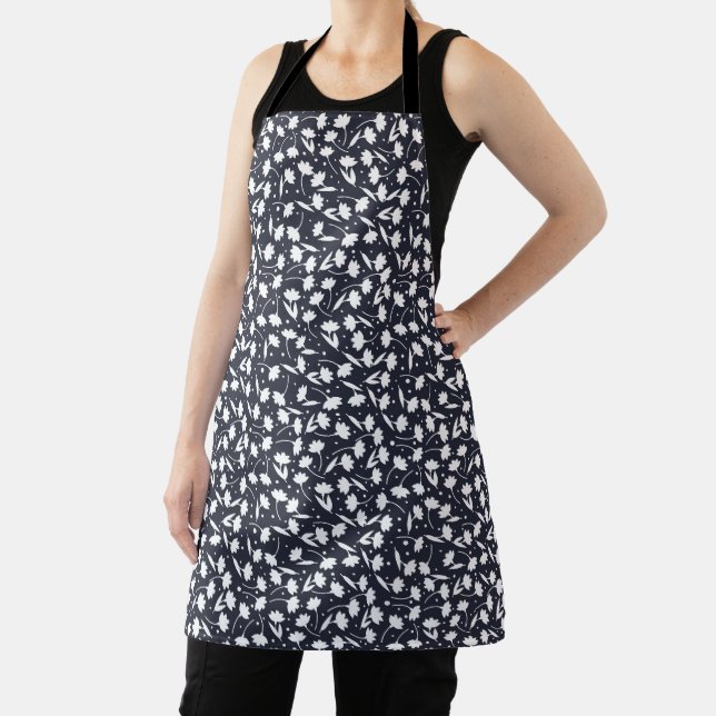 Cute tiny white flower pattern dark blue pattern apron (Insitu)