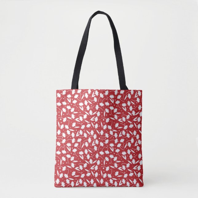 Cute tiny white flower pattern red pattern tote bag (Front)