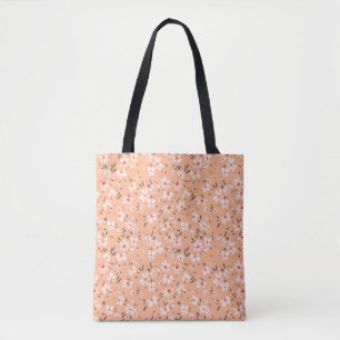 cute tiny white flower with red background tote bag