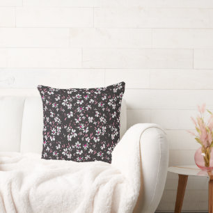 cute tiny white pink flower with black background cushion