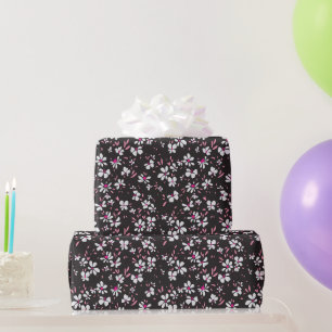 cute tiny white pink flower with black background wrapping paper
