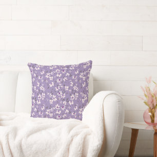 cute tiny white purple flower with blue background cushion