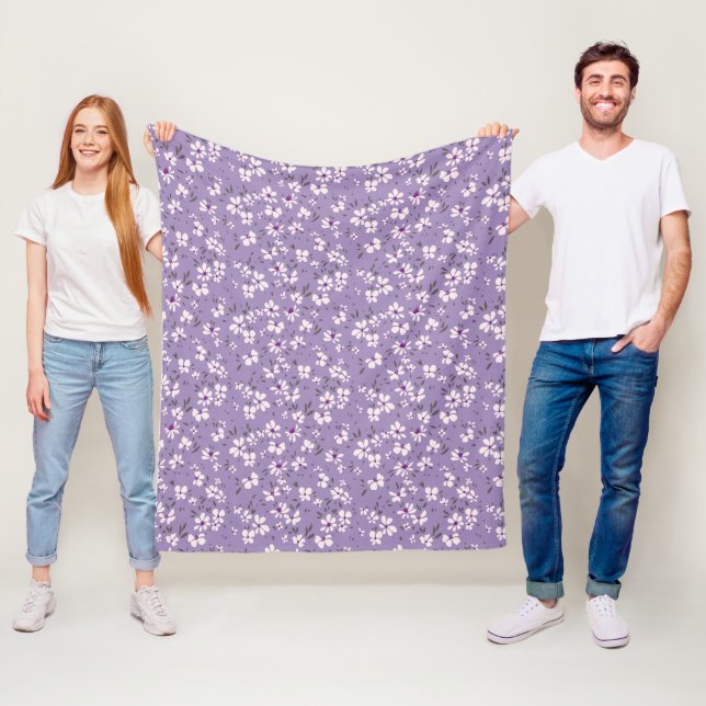 cute tiny white purple flower with blue background fleece blanket (In Situ)