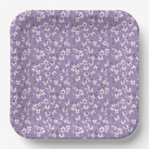 cute tiny white purple flower with blue background paper plate