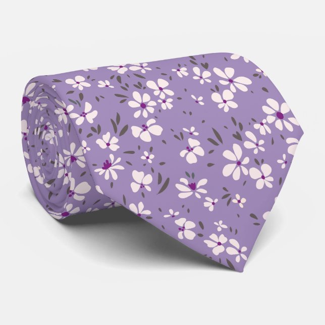 cute tiny white purple flower with blue background tie (Rolled)