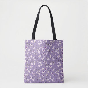 cute tiny white purple flower with blue background tote bag