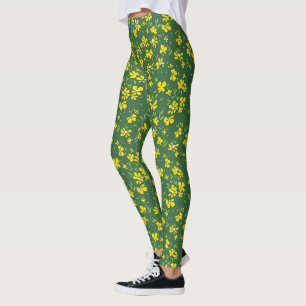 cute tiny yellow flower with green background leggings