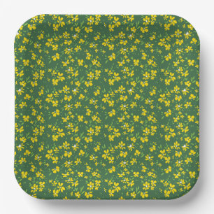 cute tiny yellow flower with green background paper plate