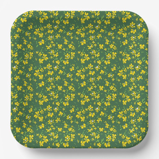 cute tiny yellow flower with green background paper plate (Front)