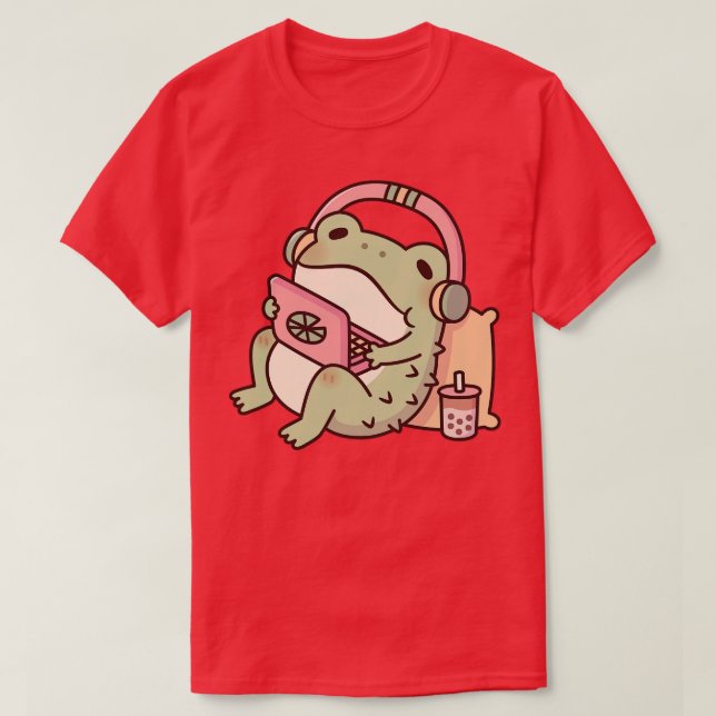 Cute Toad g With Laptop and Boba Tea T-Shirt (Design Front)