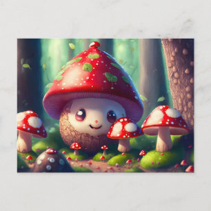 Cute toadstools in the forest, good luck postcard