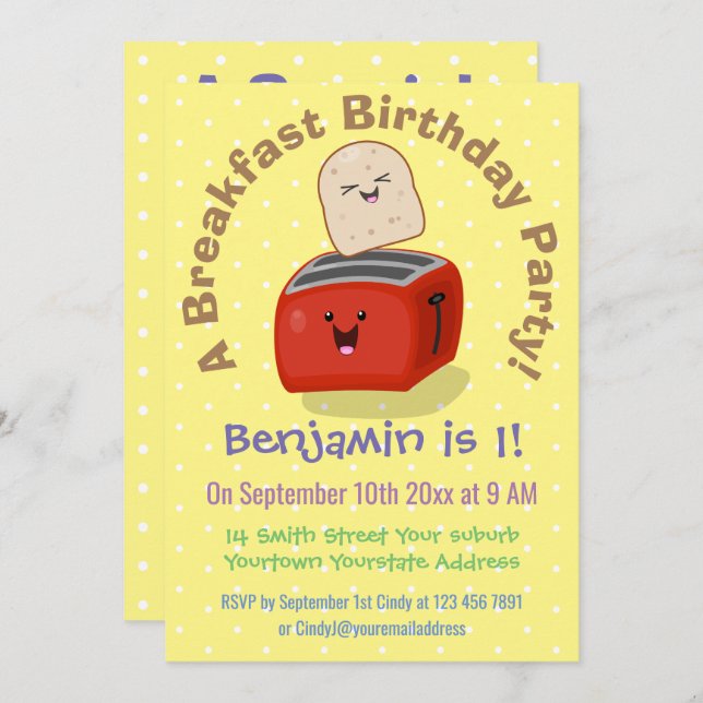 Cute toaster breakfast cartoon birthday invitation (Front/Back)