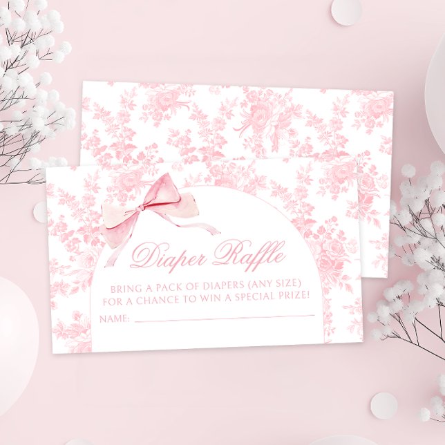 Cute Toile Pink Bow Baby Girl Shower Diaper Raffle Enclosure Card (Creator Uploaded)