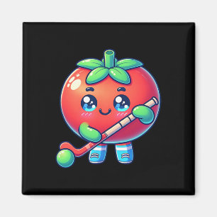 Cute Tomato Playing Field Hockey Cartoon Magnet