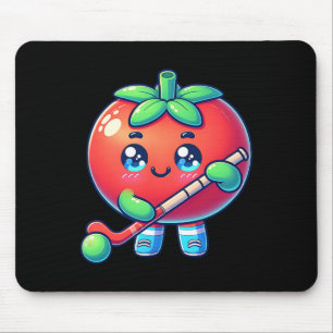 Cute Tomato Playing Field Hockey Cartoon Mouse Pad