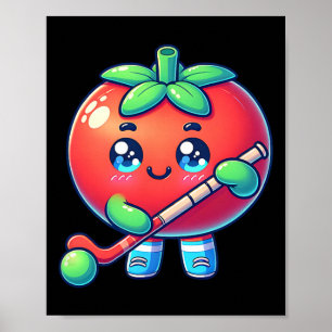Cute Tomato Playing Field Hockey Cartoon Poster
