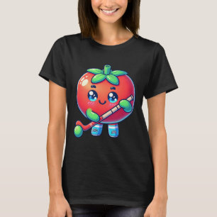 Cute Tomato Playing Field Hockey Cartoon  T-Shirt