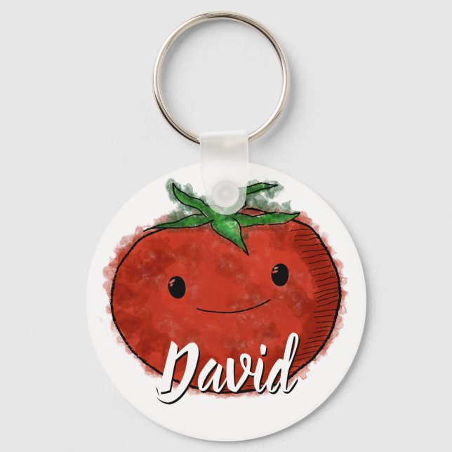 Cute Tomato Watercolor Custom Name Key Ring (Front)