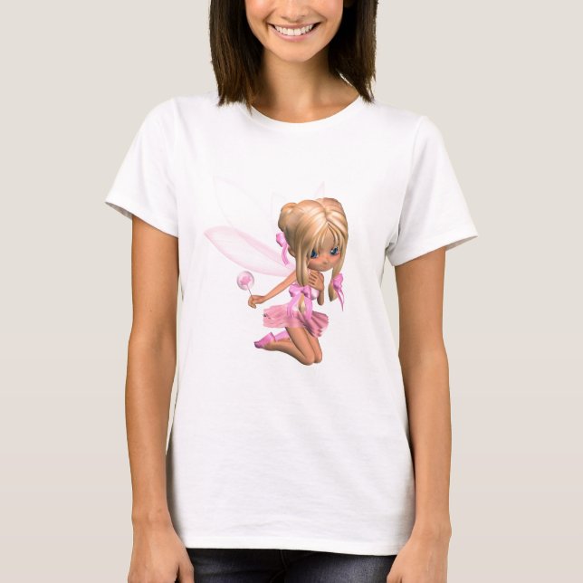 Cute Toon Ballerina Fairy in Pink - kneeling T-Shirt (Front)