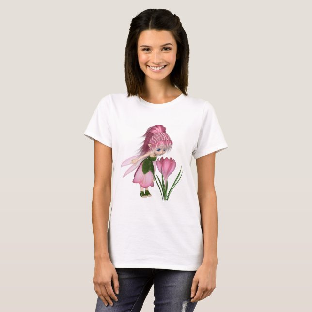 Cute Toon Pink Crocus Fairy, Standing by a Flower T-Shirt (Front Full)