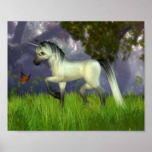 Cute Toon Unicorn with Woodland Background Poster (Front)