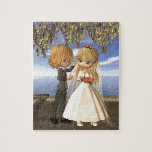 Cute Toon Wedding Couple on a Seaside Balcony Jigsaw Puzzle
