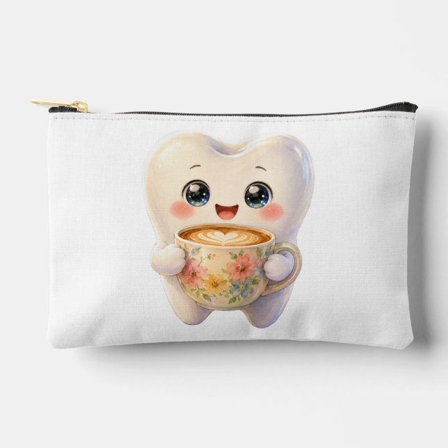Cute Tooth Drinking Coffee Kawaii Small Pouch (Front)