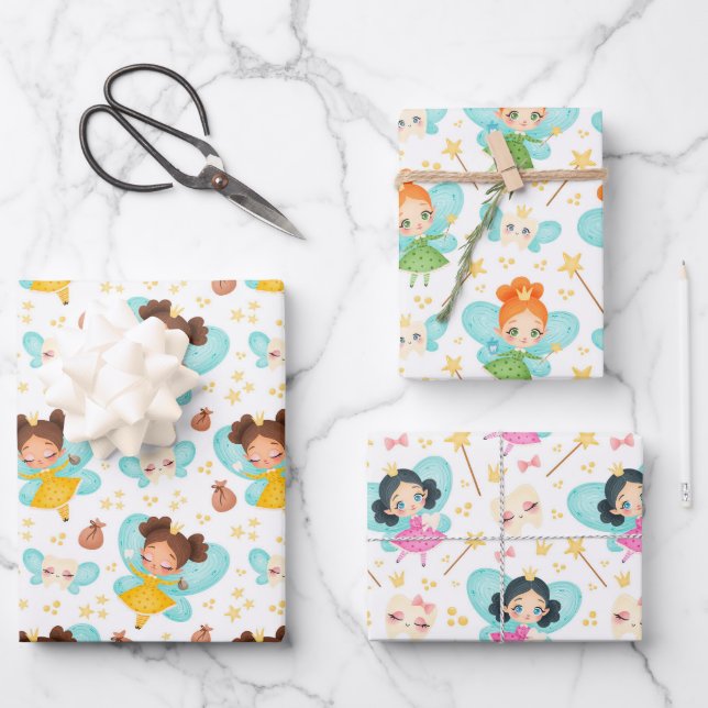Cute Tooth Fairy Wrapping Paper Set of 3 (Front)