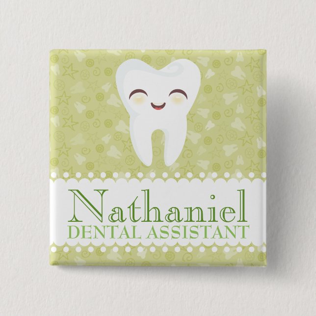 Cute Tooth - Green Custom Name Badge Button (Front)